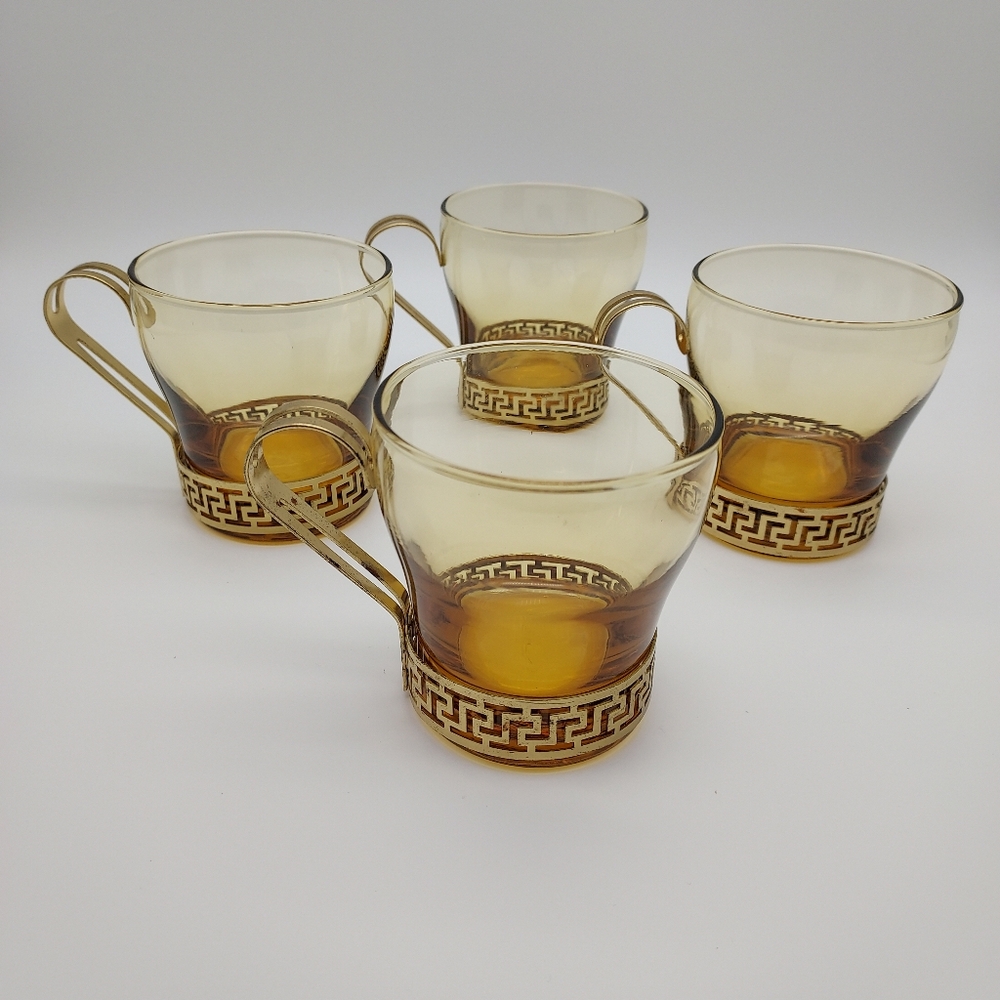 Libbey Greek Key Amber Glass Cups MCM Metal Handle (Set Of 4)